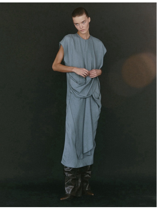 Zara Dresses & Skirts - Zara Linen Blend Draped Midi Dress Blue Asymmetrical Minimalist XS NWT